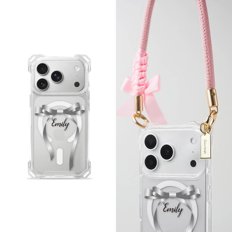 氣質蝴蝶結緞帶(灰) 四角好掛殼 - 透明防摔掛繩殼 (MagSafe磁吸) iPhone手機殼