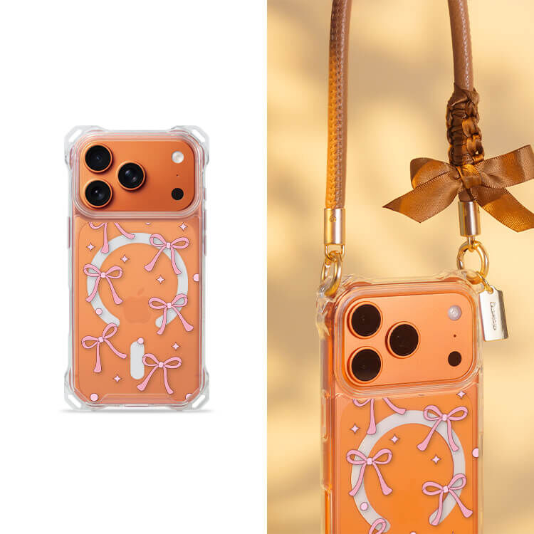 可愛韓風蝴蝶結緞帶 四角好掛殼 - 透明防摔掛繩殼 (MagSafe磁吸) iPhone手機殼
