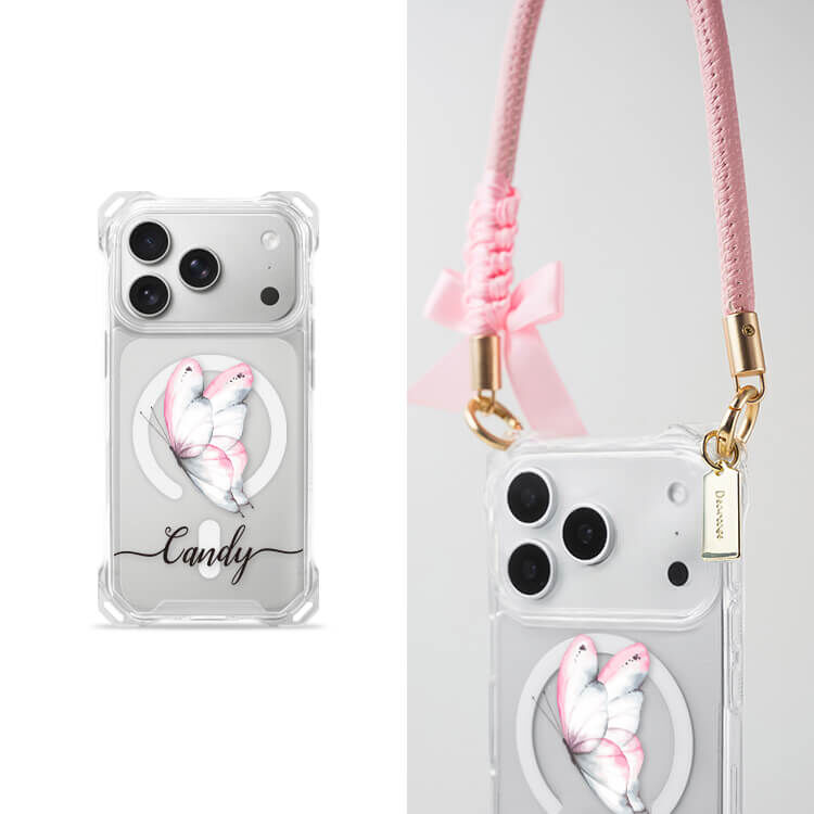 夢幻粉蝶 四角好掛殼 - 透明防摔掛繩殼 (MagSafe磁吸) iPhone手機殼