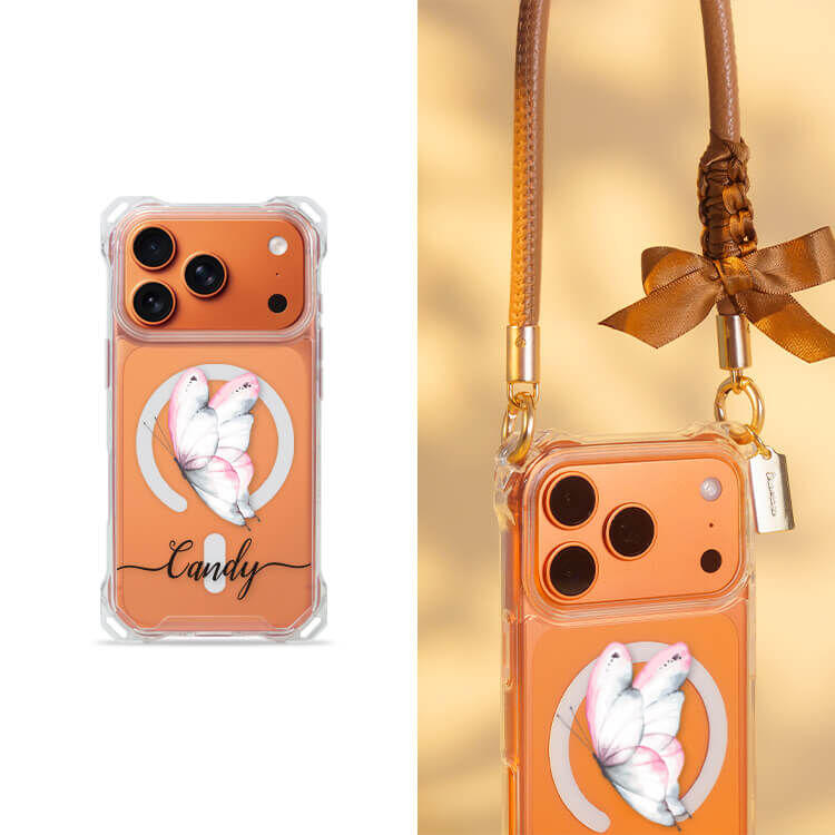 夢幻粉蝶 四角好掛殼 - 透明防摔掛繩殼 (MagSafe磁吸) iPhone手機殼