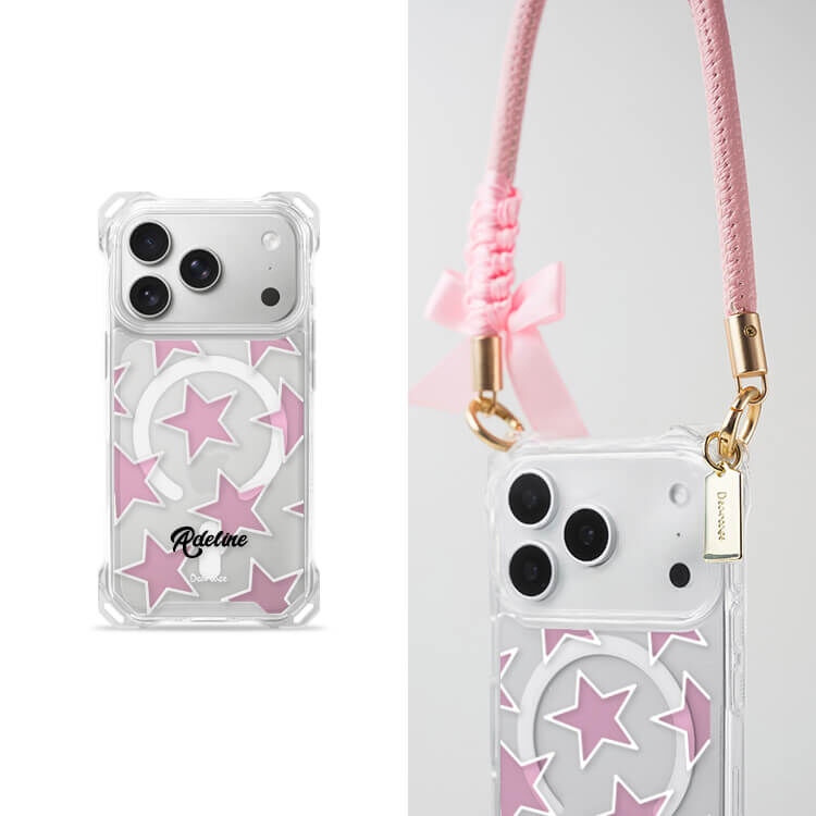 粉色星星 四角好掛殼 - 透明防摔掛繩殼 (MagSafe磁吸) iPhone手機殼