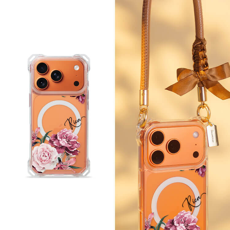 玫粉玫瑰 四角好掛殼 - 透明防摔掛繩殼 (MagSafe磁吸) iPhone手機殼