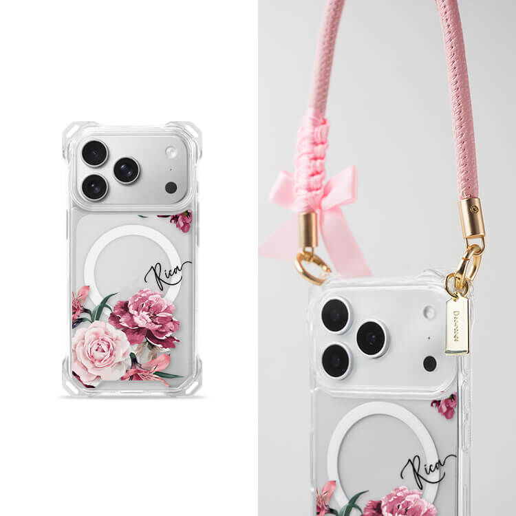 玫粉玫瑰 四角好掛殼 - 透明防摔掛繩殼 (MagSafe磁吸) iPhone手機殼
