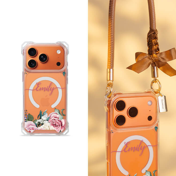 淡粉玫瑰 四角好掛殼 - 透明防摔掛繩殼 (MagSafe磁吸) iPhone手機殼