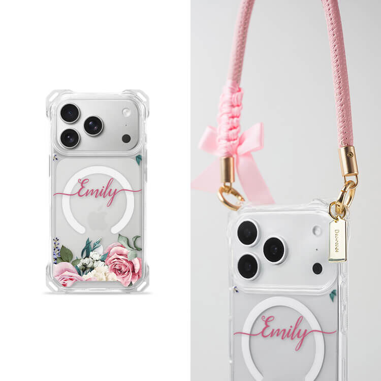 淡粉玫瑰 四角好掛殼 - 透明防摔掛繩殼 (MagSafe磁吸) iPhone手機殼