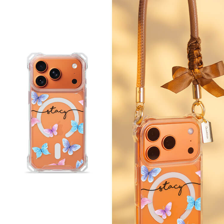 玫粉蝴蝶 四角好掛殼 - 透明防摔掛繩殼 (MagSafe磁吸) iPhone手機殼