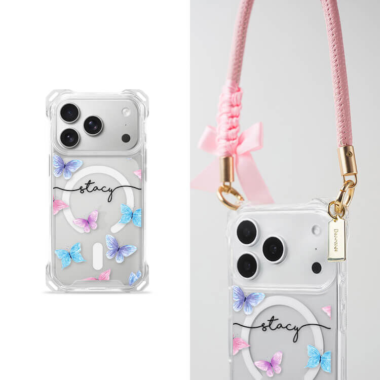 玫粉蝴蝶 四角好掛殼 - 透明防摔掛繩殼 (MagSafe磁吸) iPhone手機殼