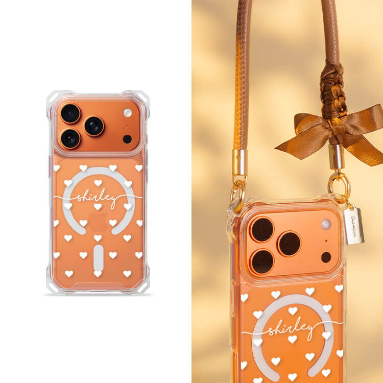 白色愛心 四角好掛殼 - 透明防摔掛繩殼 (MagSafe磁吸) iPhone手機殼