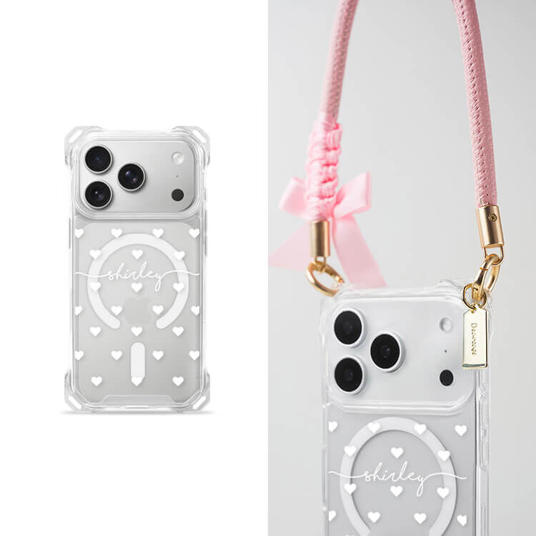 白色愛心 四角好掛殼 - 透明防摔掛繩殼 (MagSafe磁吸) iPhone手機殼