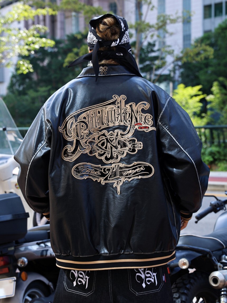 字母刺繡復古皮夾克