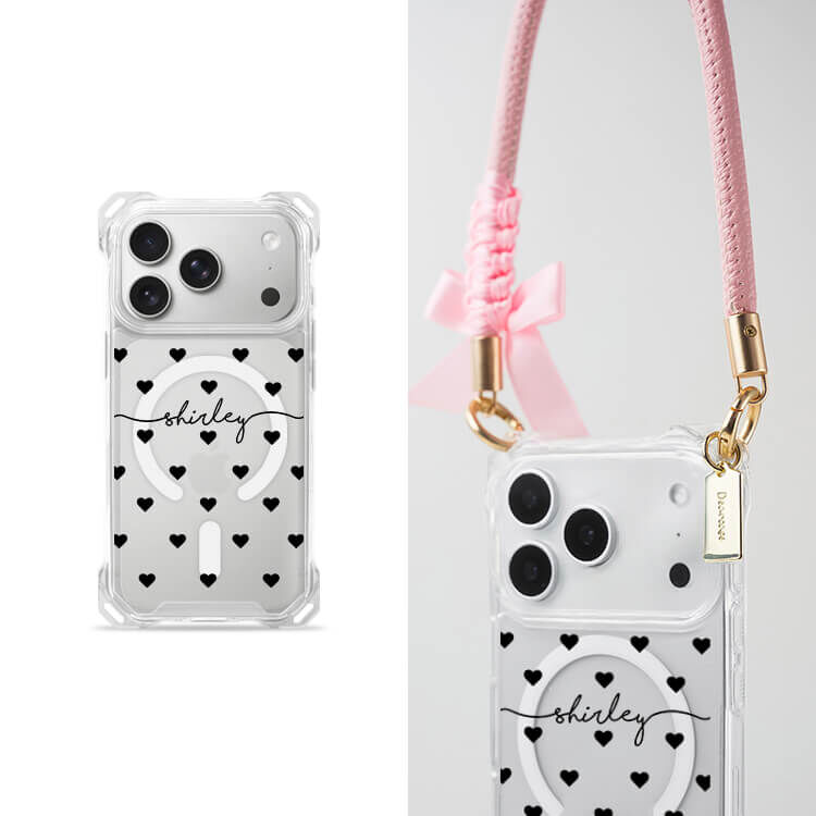 黑色愛心  四角好掛殼 - 透明防摔掛繩殼 (MagSafe磁吸) iPhone手機殼