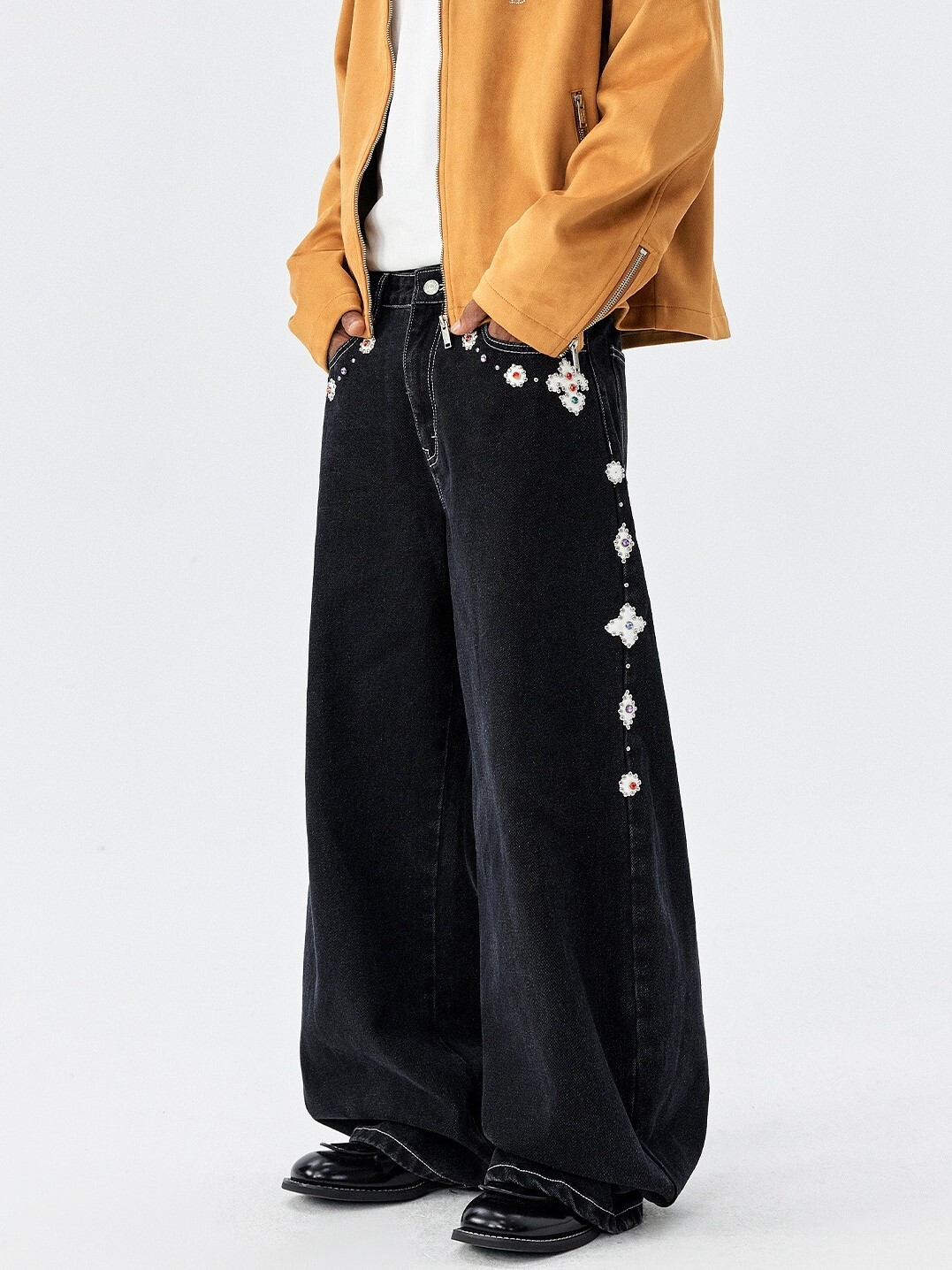 MEDM 彩色珍珠裝飾 休閒 牛仔寬褲