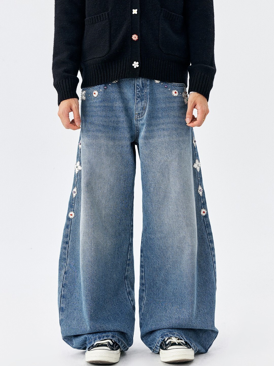 MEDM 彩色珍珠裝飾 休閒 牛仔寬褲