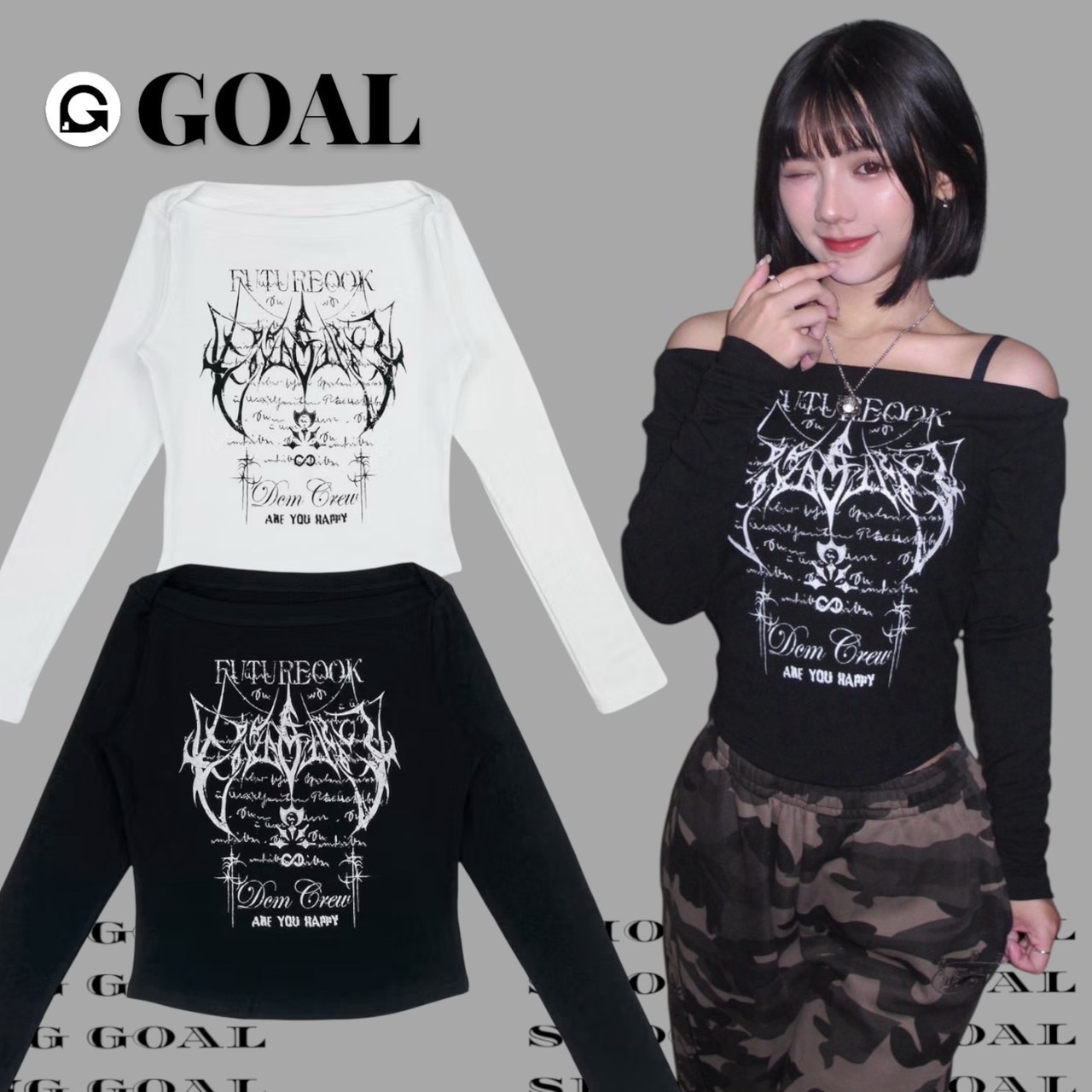 (GOAL) DCM 主視覺 塗鴉 平口 一字領 斜肩 內搭 長袖 DCM-W68