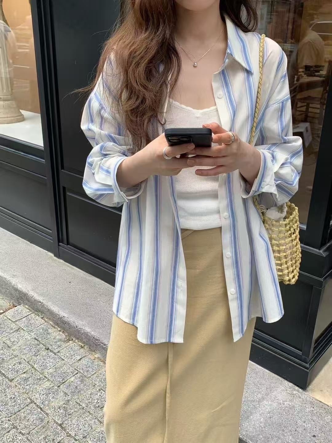 5705 清爽直條紋長版襯衫