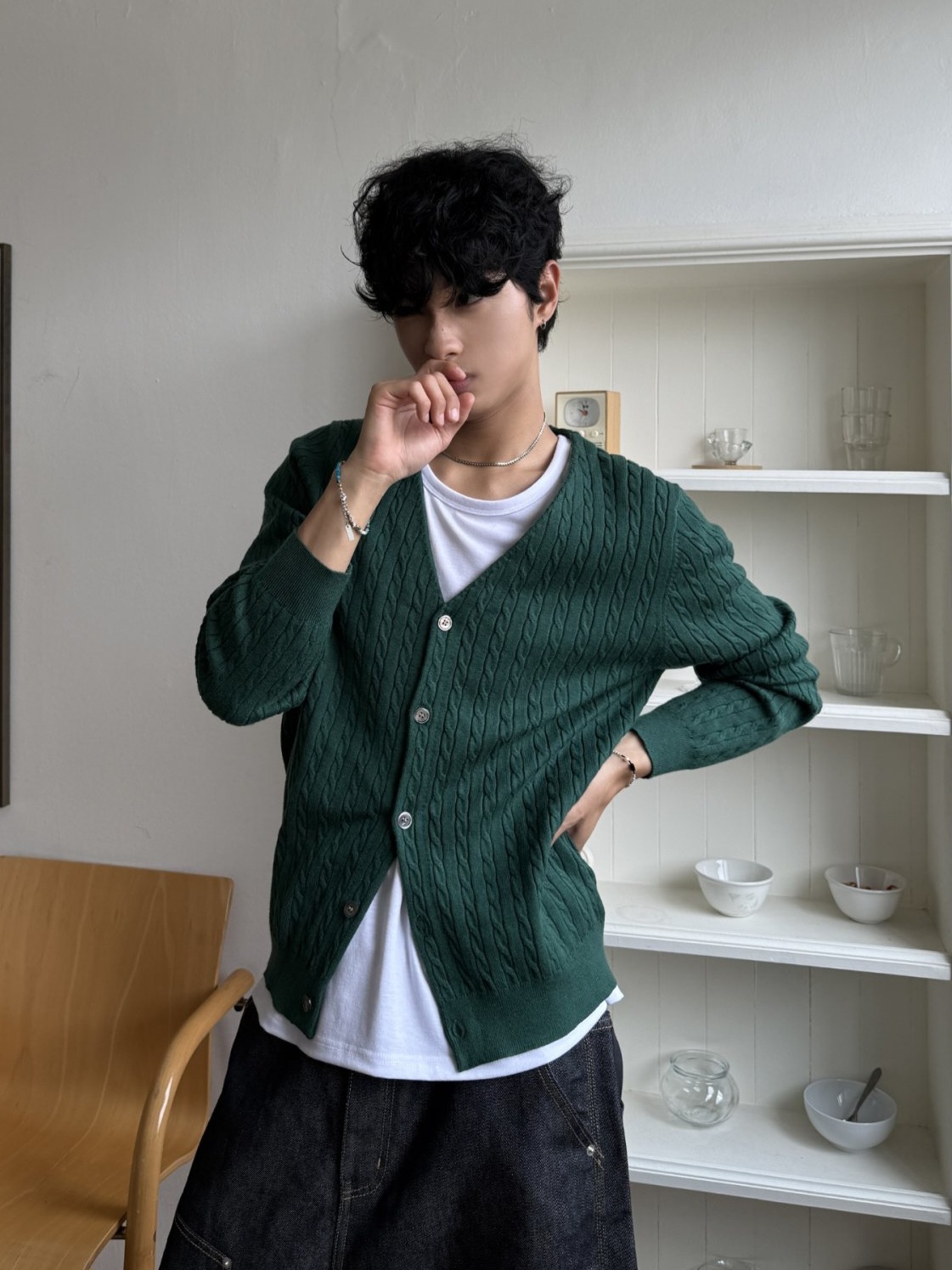 塞特爾V領麻花針織開衫