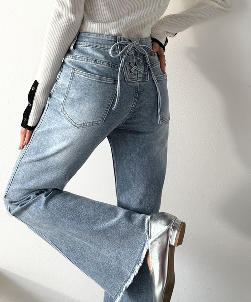 日本🇯🇵連線 Mily Bilet 背後蝴蝶結牛仔喇叭褲 喇叭褲 牛仔褲 蝴蝶結 綁帶 復古 作舊 3色(任買兩件711免運)/預購