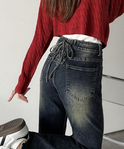 日本🇯🇵連線 Mily Bilet 背後蝴蝶結牛仔喇叭褲 喇叭褲 牛仔褲 蝴蝶結 綁帶 復古 作舊 3色(任買兩件711免運)/預購