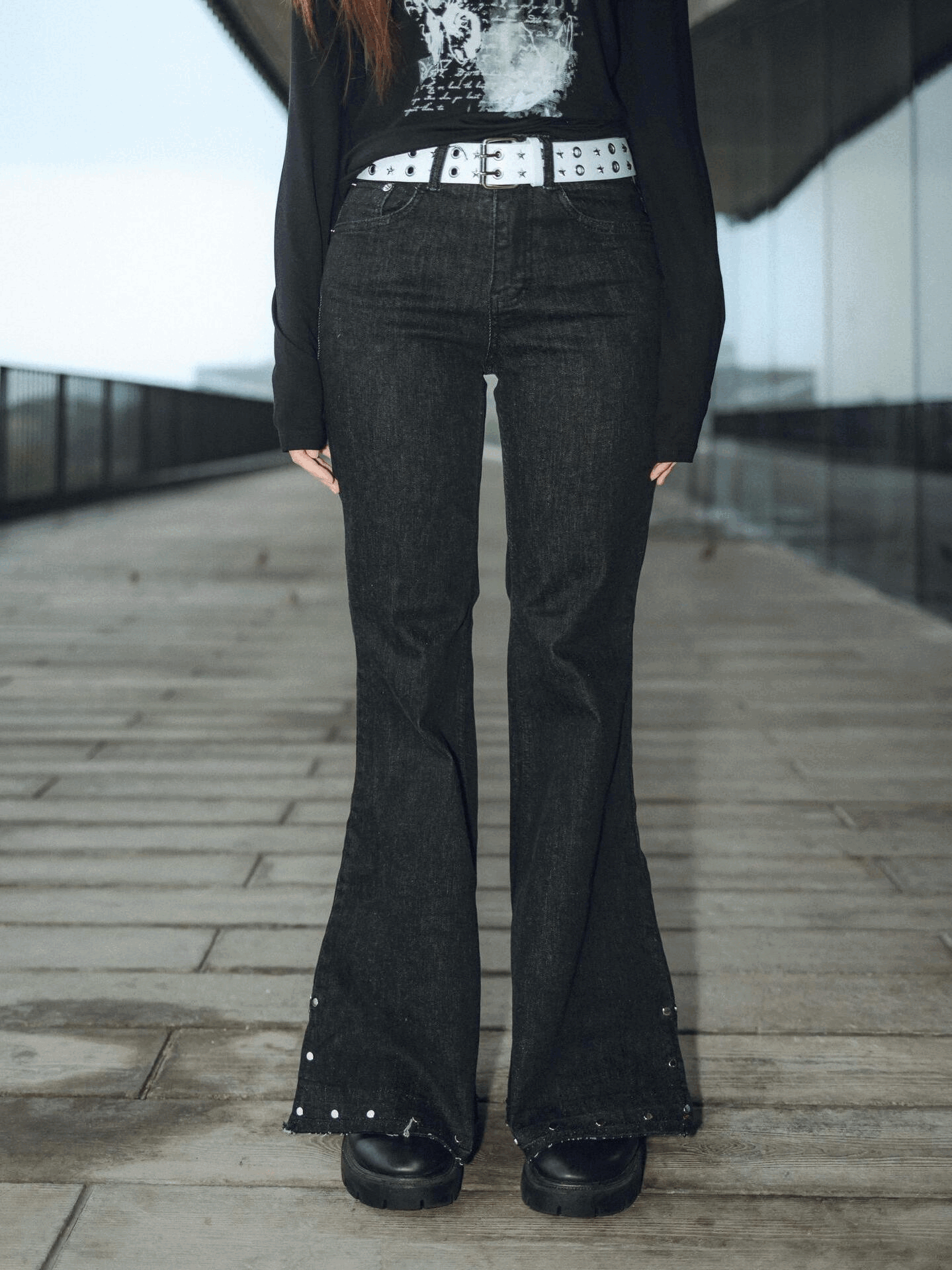 Black Style Rivet Flare Jeans