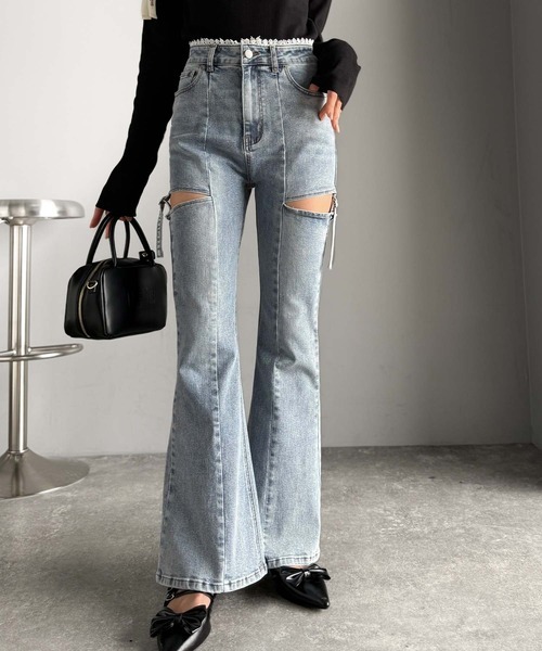 日本🇯🇵連線 Mily Bilet 腰部蕾絲邊鏤空牛仔喇叭褲 喇叭褲 牛仔褲 鏤空 蕾絲 緞帶 復古 作舊 3色(任買兩件711免運)/預購