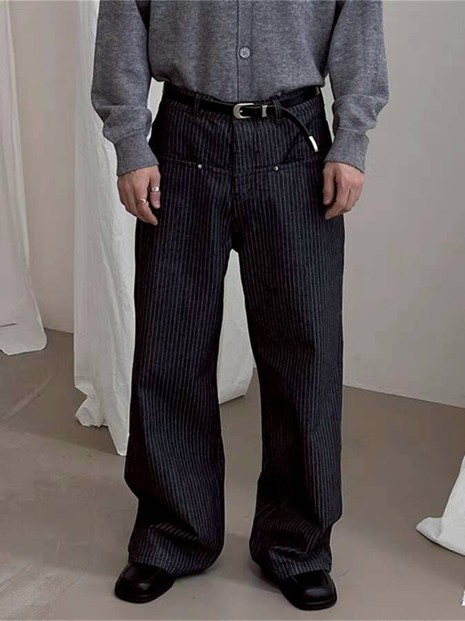 低口袋條紋休閒褲