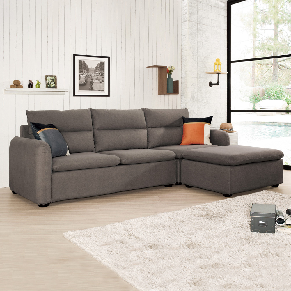 伊娜L型灰色貓抓皮沙發椅(三人座+腳椅)(贈抱枕)