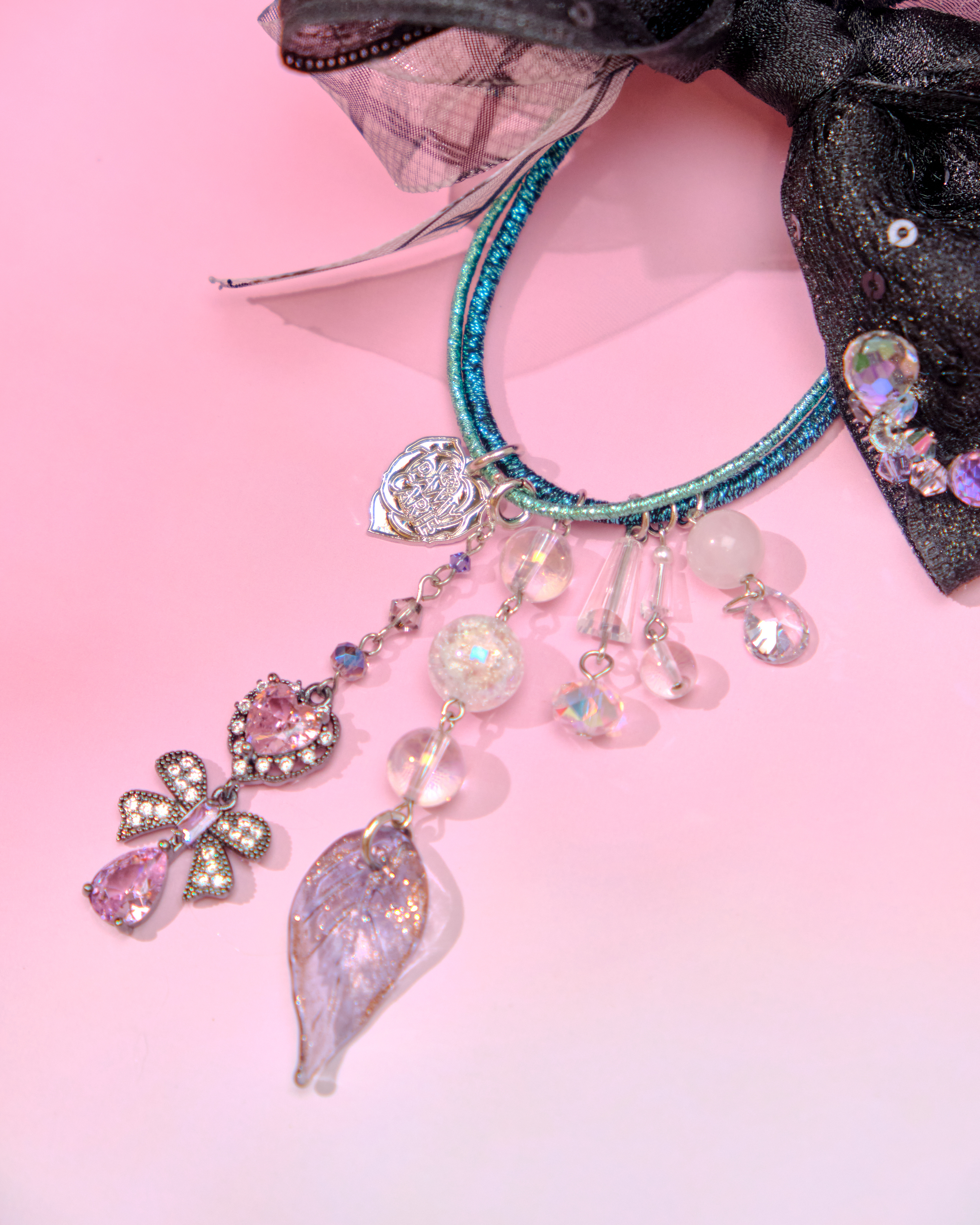 12823 夢幻粗珠緞帶花髮圈