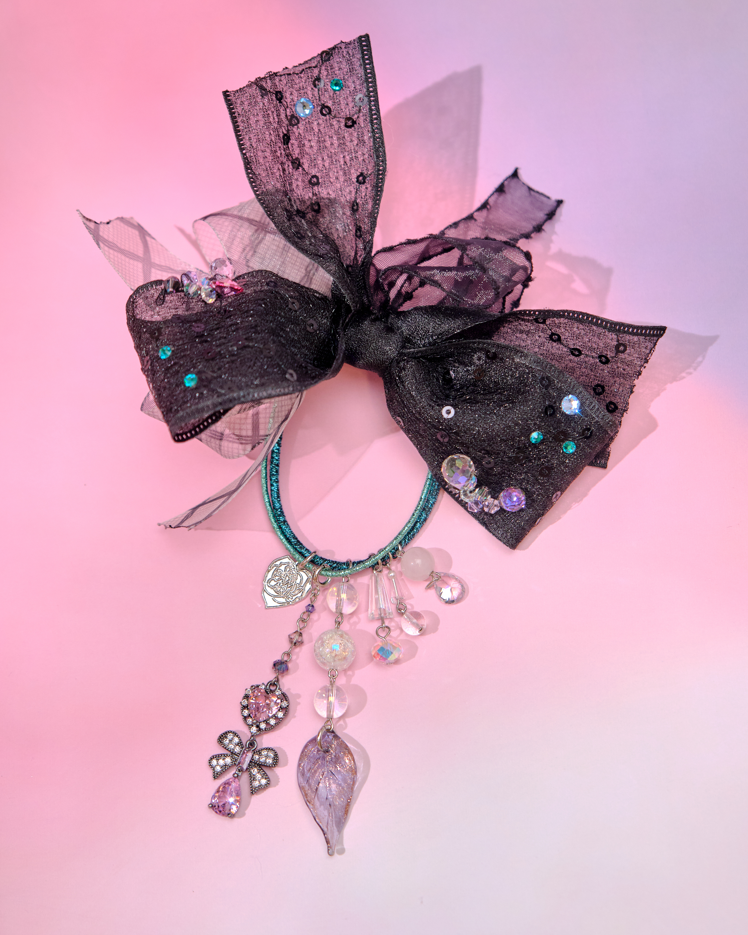 12823 夢幻粗珠緞帶花髮圈