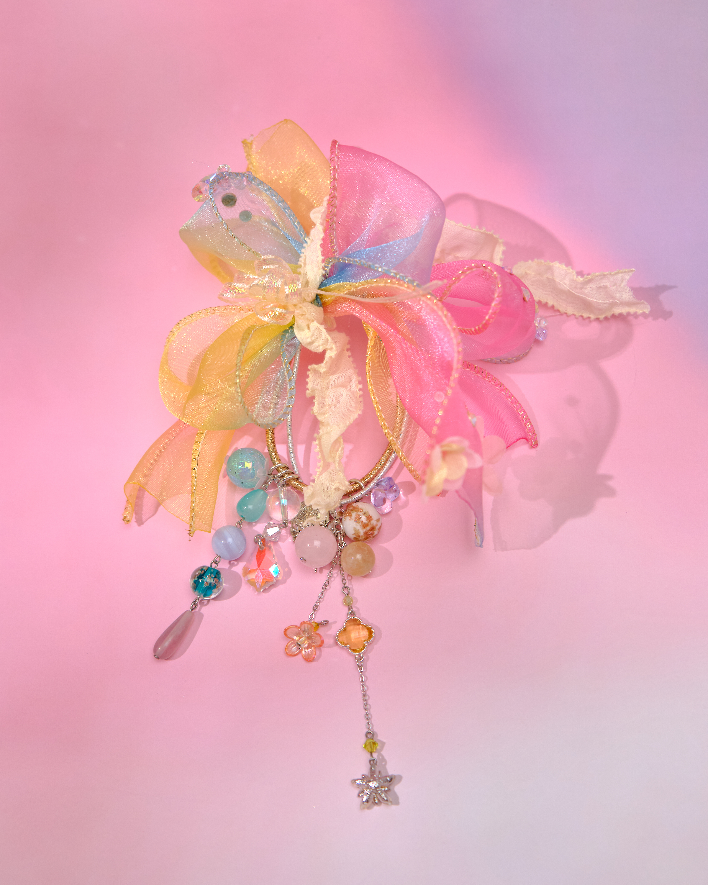 12821 夢幻粗珠緞帶花髮圈