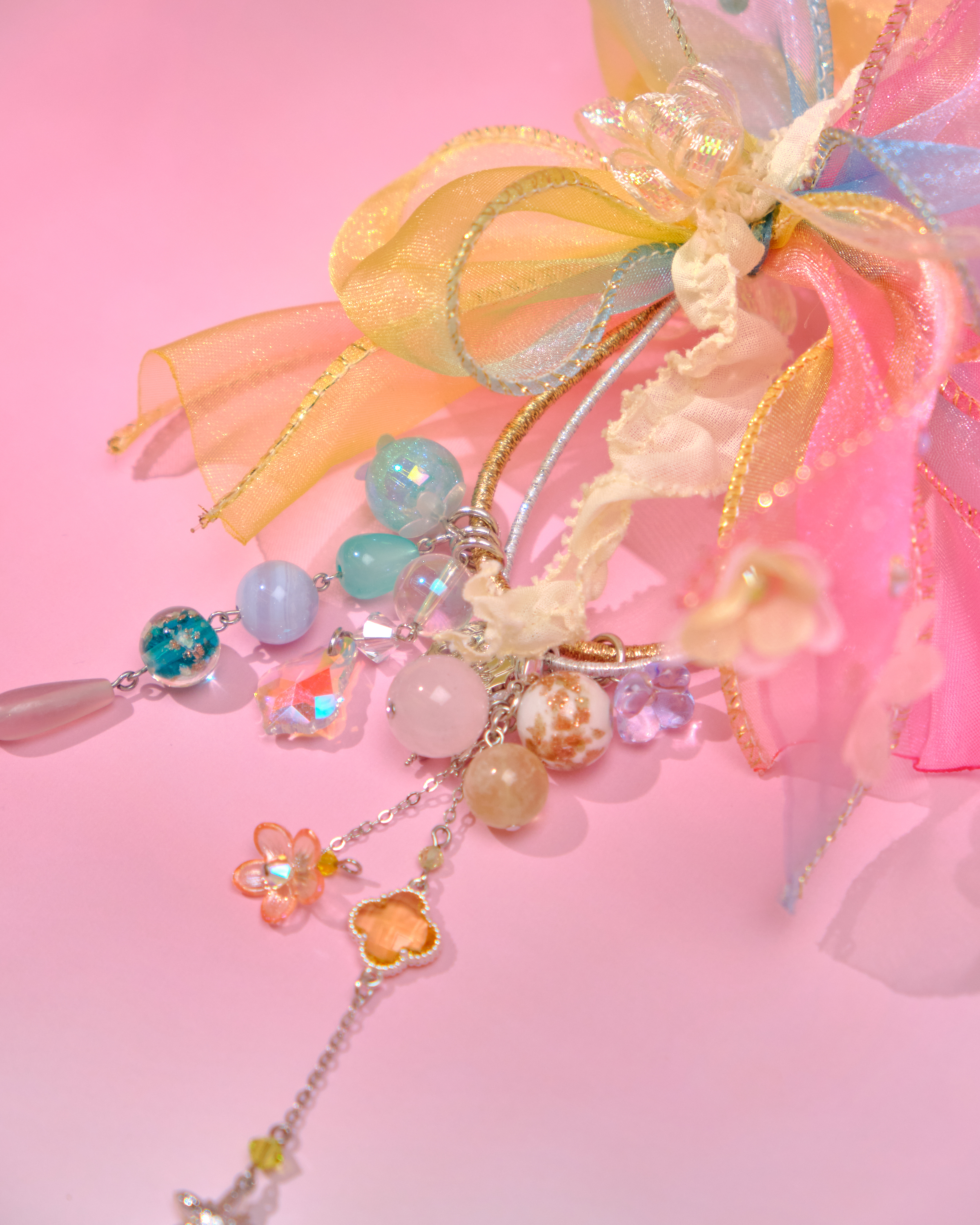 12821 夢幻粗珠緞帶花髮圈