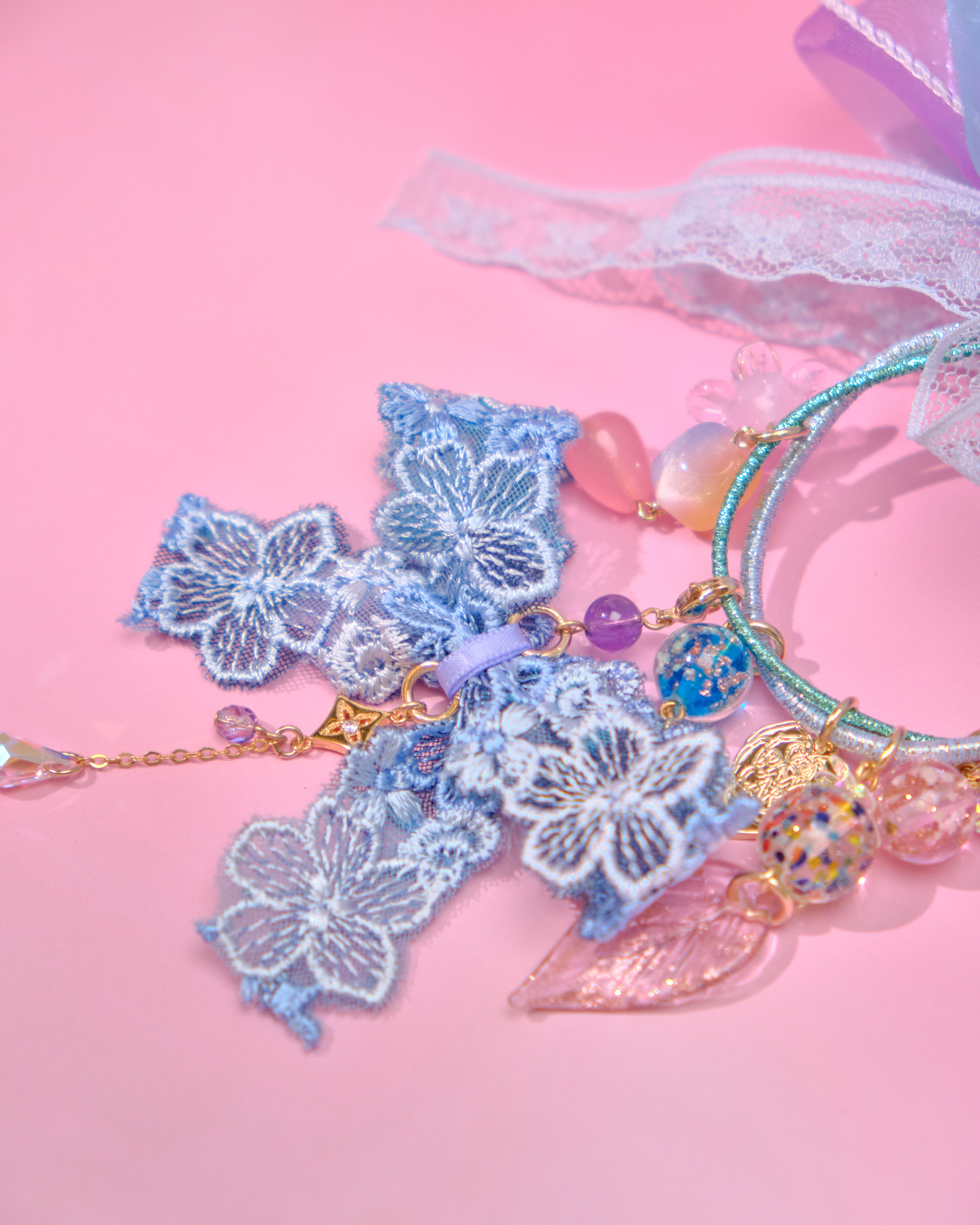 12820 夢幻粗珠緞帶花髮圈