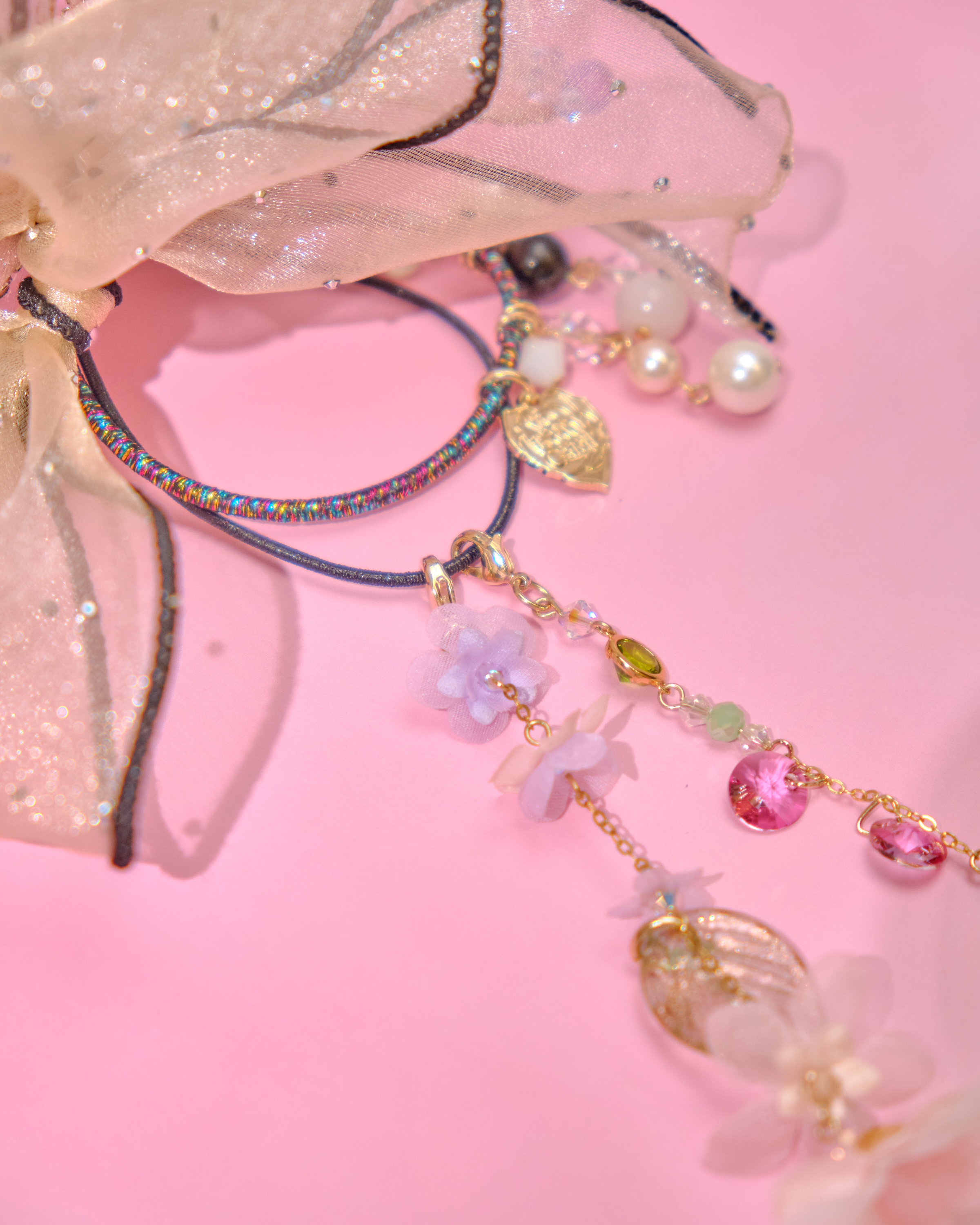 12819 夢幻粗珠緞帶花髮圈