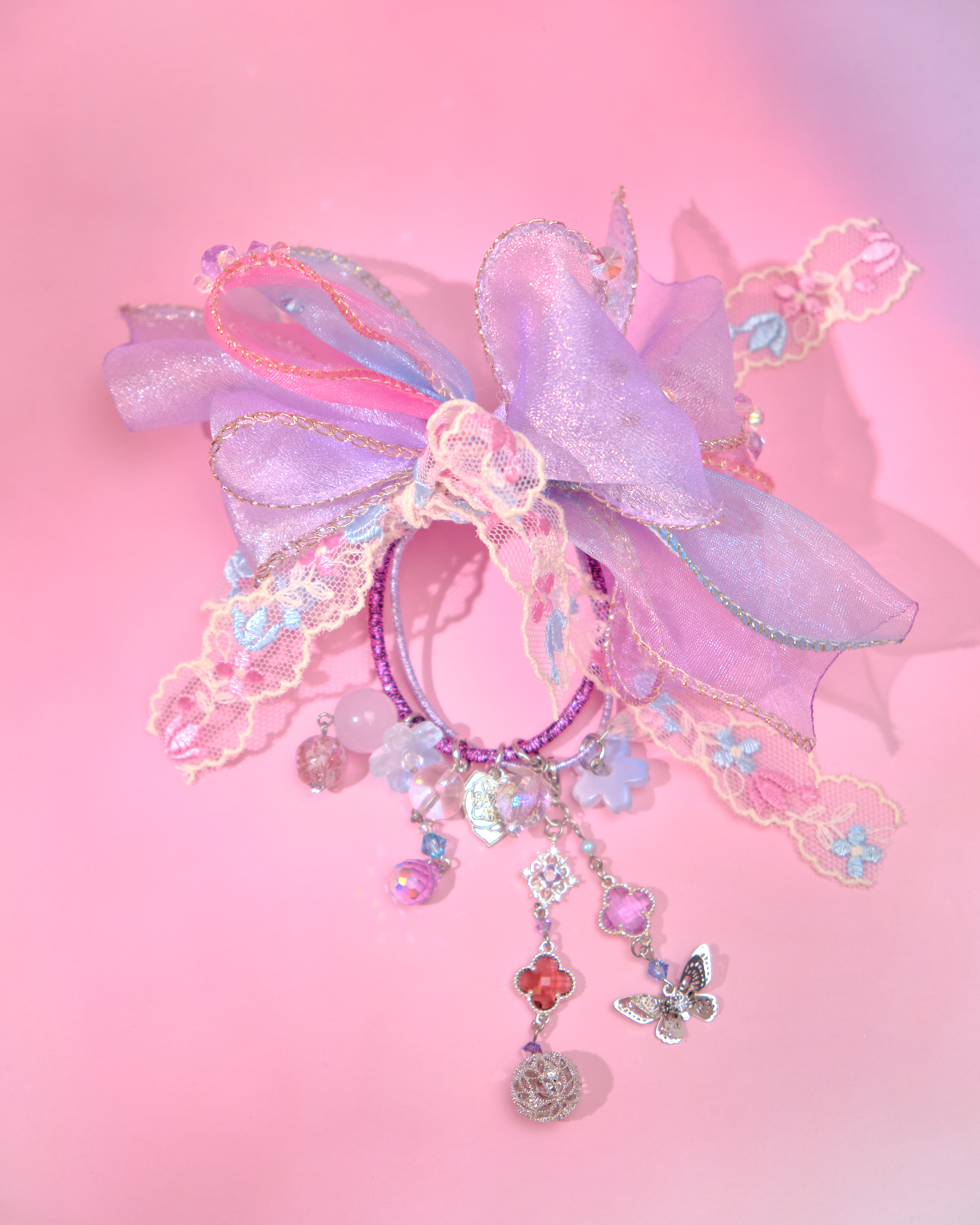 12818 夢幻粗珠緞帶花髮圈