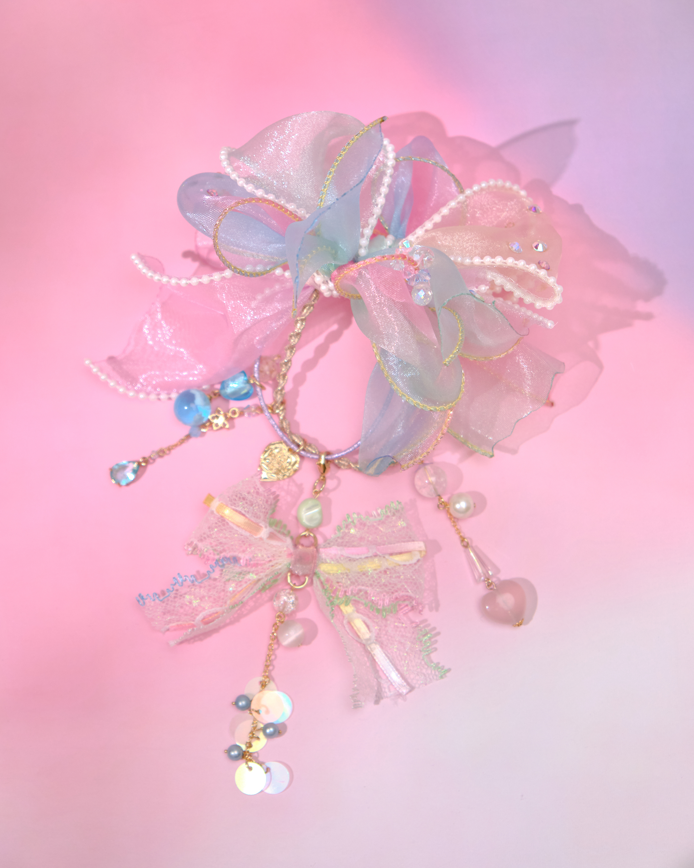 12817 Chunky Beaded Ribbon Flower Hair Tie