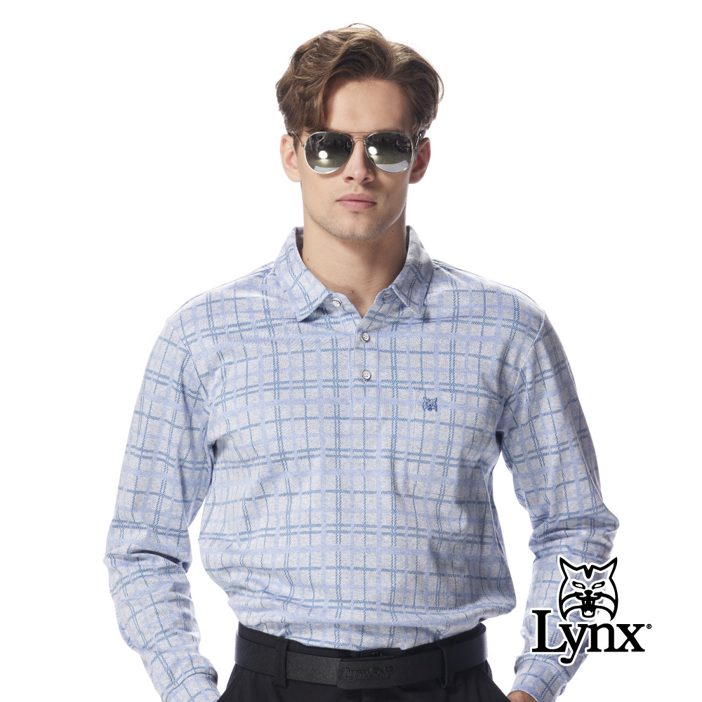 【Lynx Golf】義大利進口面料純棉格紋胸前刺繡胸袋款長袖POLO衫