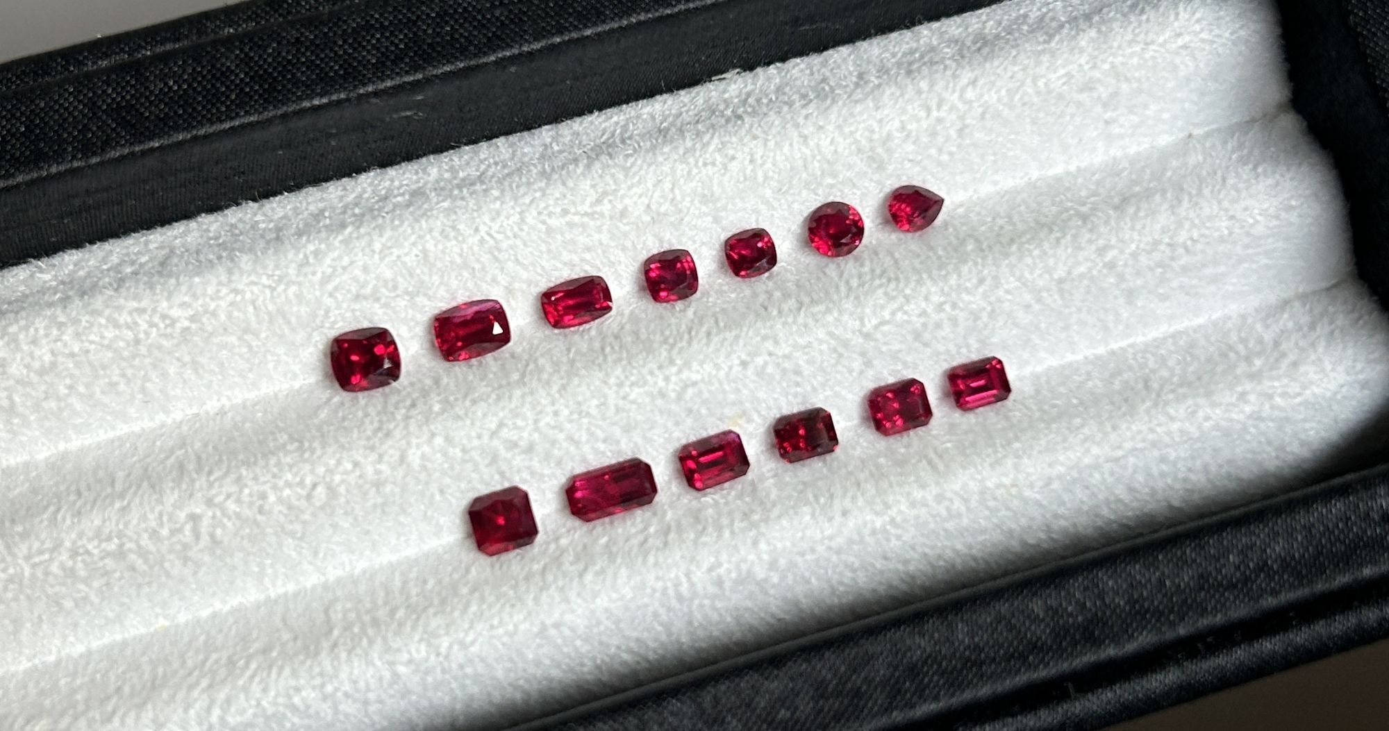 A set of 0.2 to 0.4 carat unheated Mozambique pigeon blood rubies.