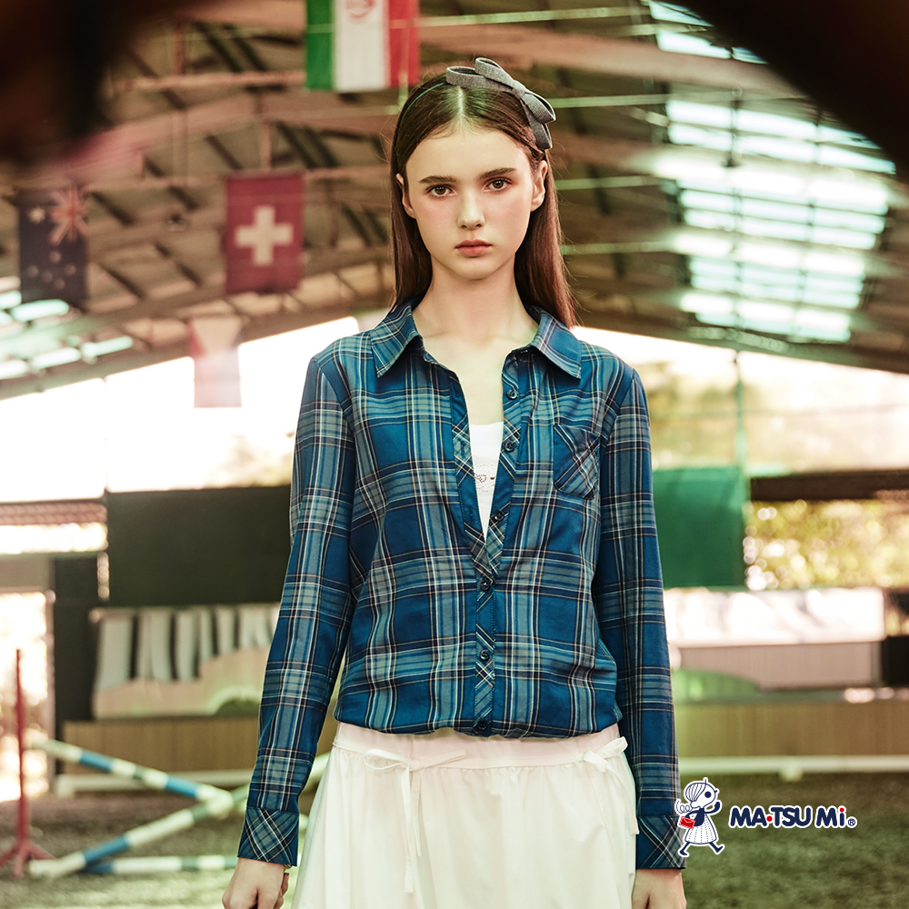 MA‧TSU Mi 學院風格紋假兩件氣球感長袖襯衫(紅.土耳其藍)