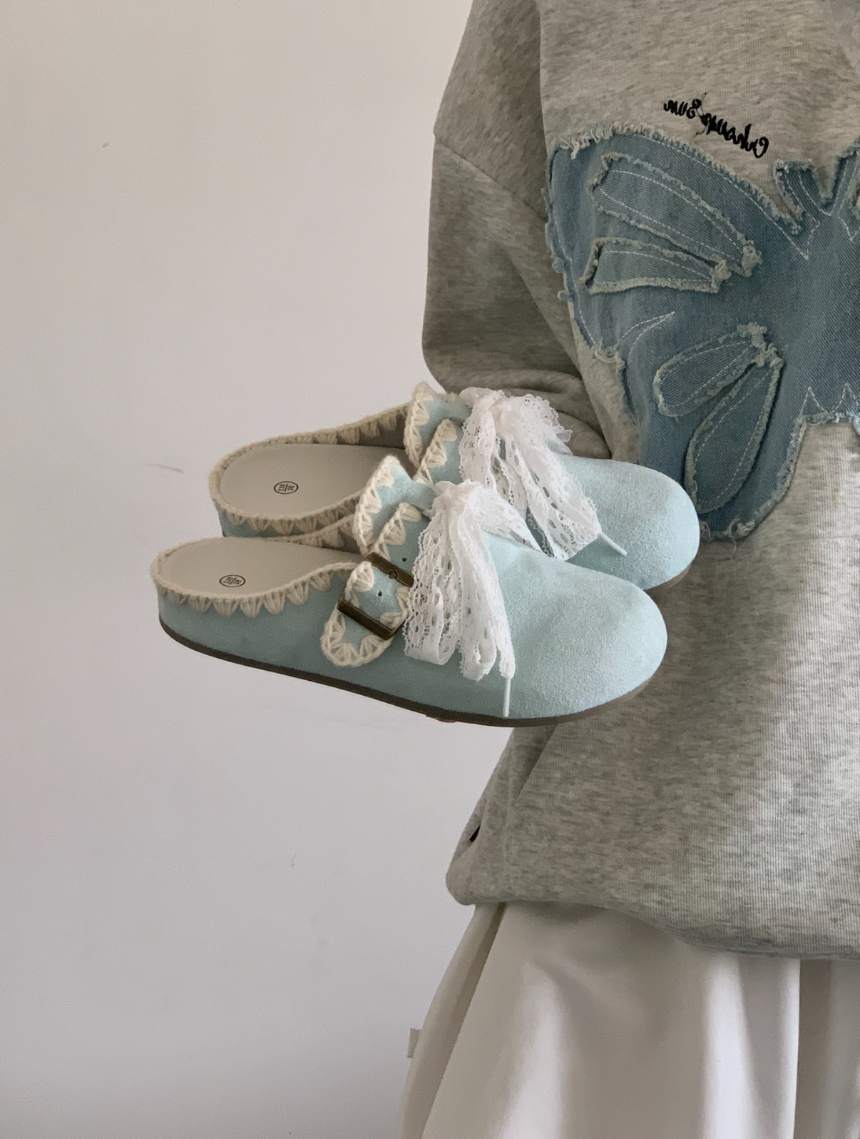 零碼現貨寶寶藍22.5公分 芭蕾風勃肯鞋 蕾絲鞋帶 外縫線 麂皮 涼鞋 拖鞋 女款 寶寶藍 (任買兩件711免運)/現貨