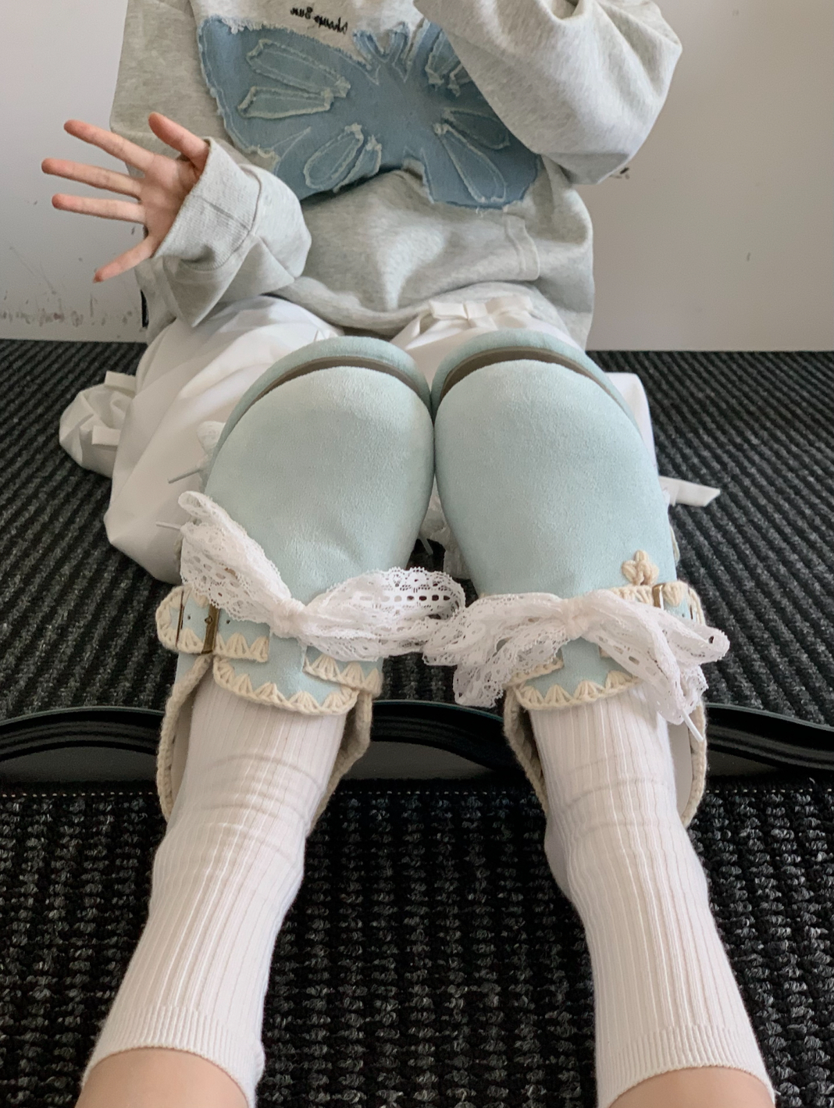 零碼現貨寶寶藍22.5公分 芭蕾風勃肯鞋 蕾絲鞋帶 外縫線 麂皮 涼鞋 拖鞋 女款 紅色 奶茶色 寶寶藍 (任買兩件711免運) /現貨