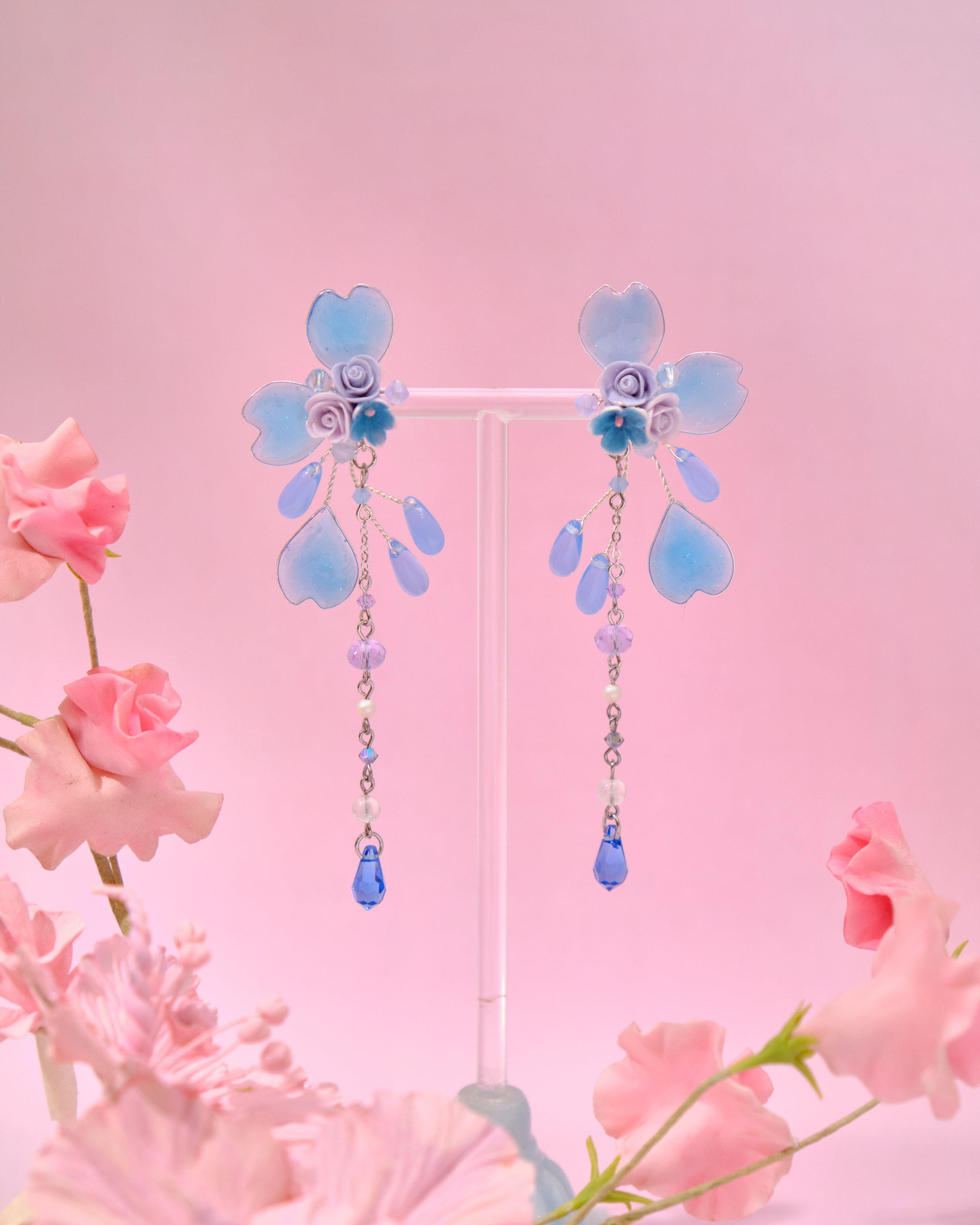 12767 浸染藝術花瓣S925樹脂黏土花耳環