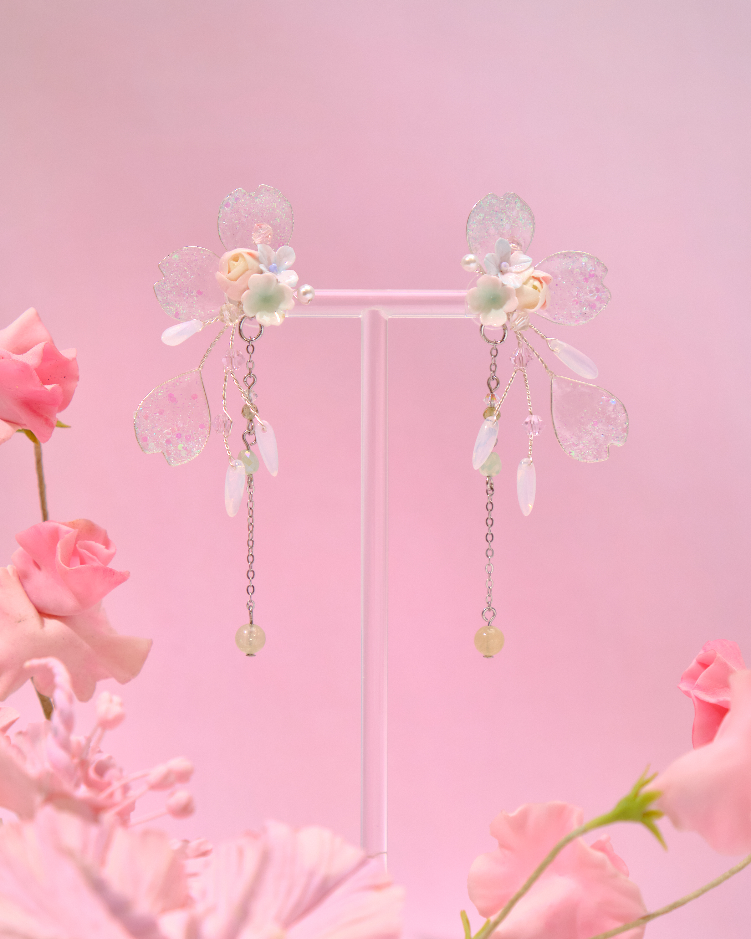 12766 浸染藝術花瓣S925樹脂黏土花耳環