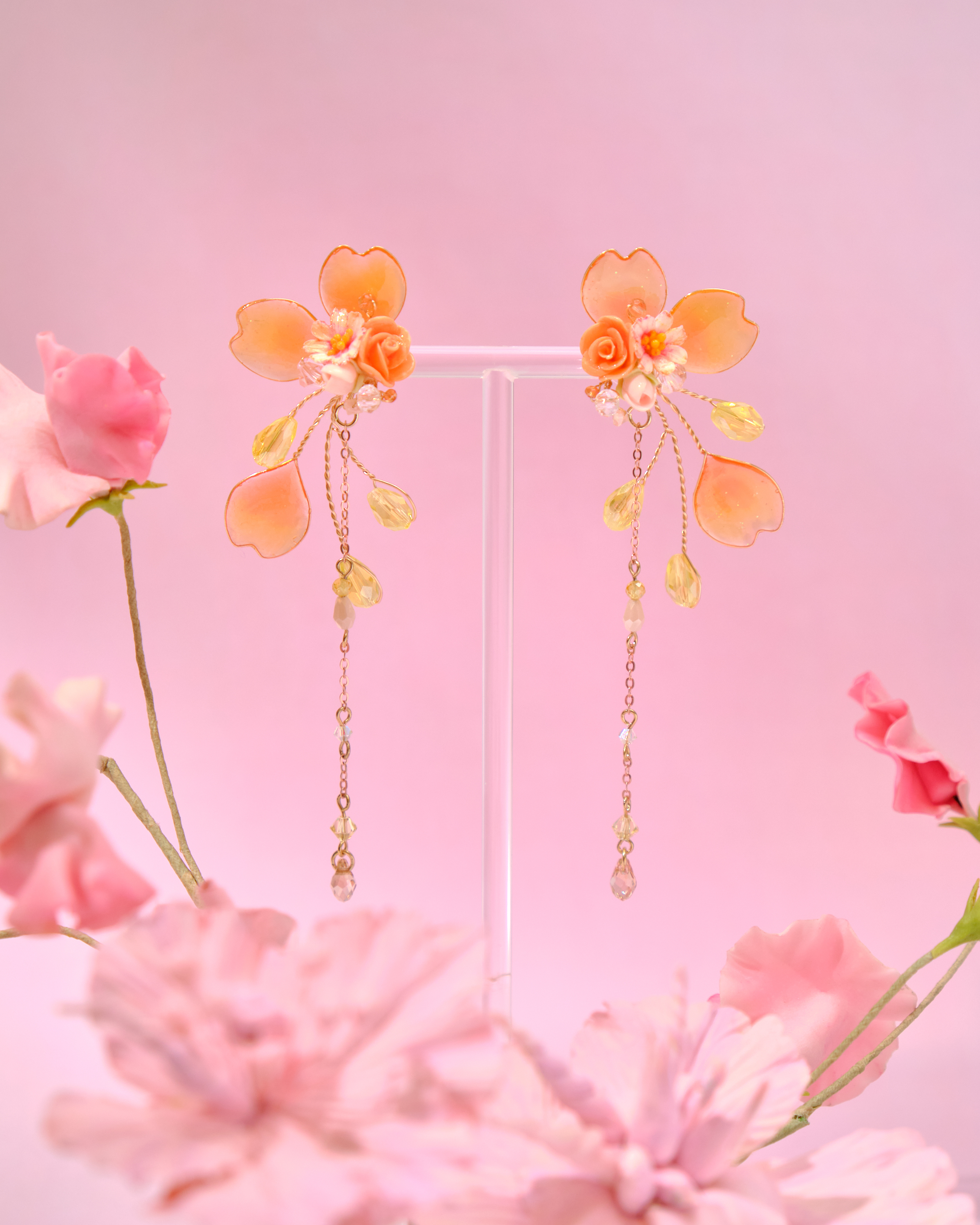 12765 浸染藝術花瓣S925樹脂黏土花耳環