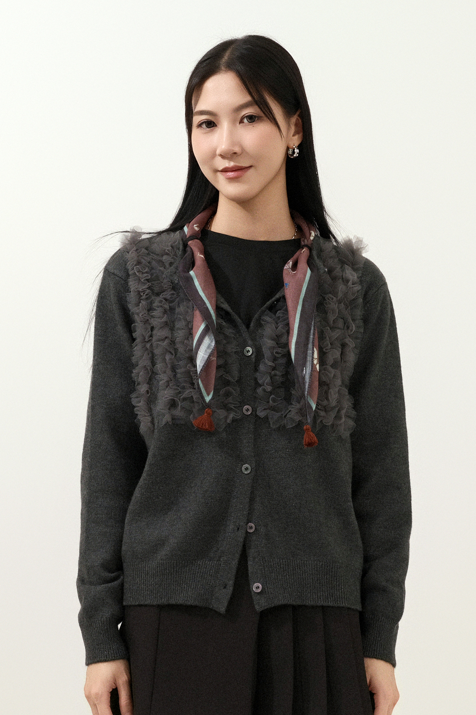 荷葉網紗圓領cardigan (現貨款式）