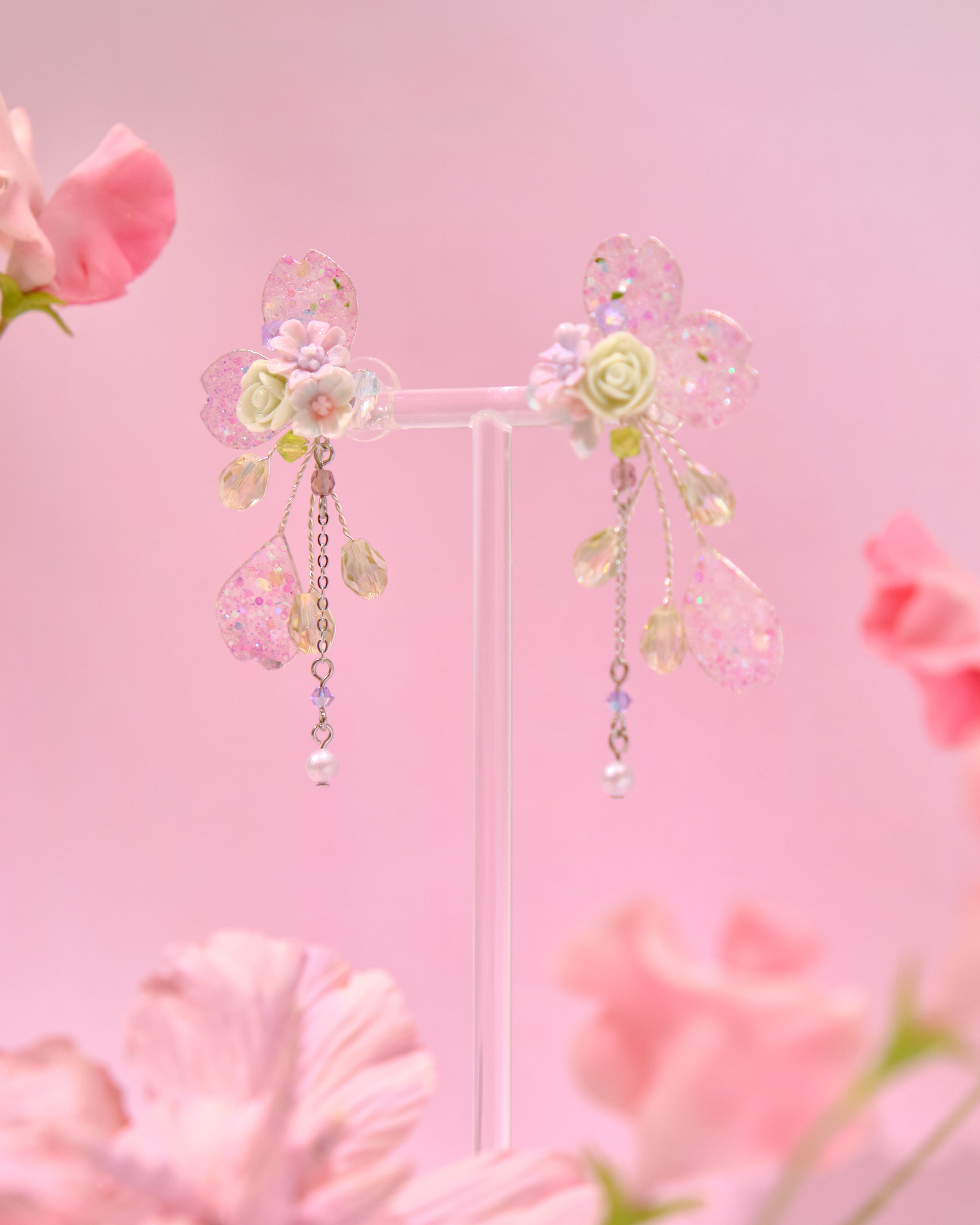 12763 浸染藝術花瓣S925樹脂黏土花耳環