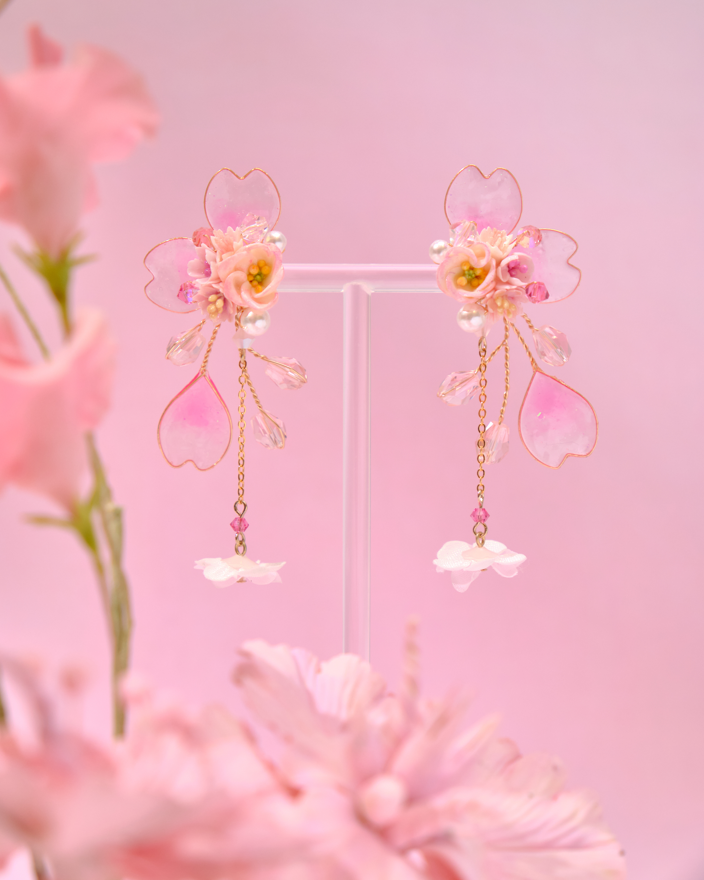 12762 浸染藝術花瓣S925樹脂黏土花耳環