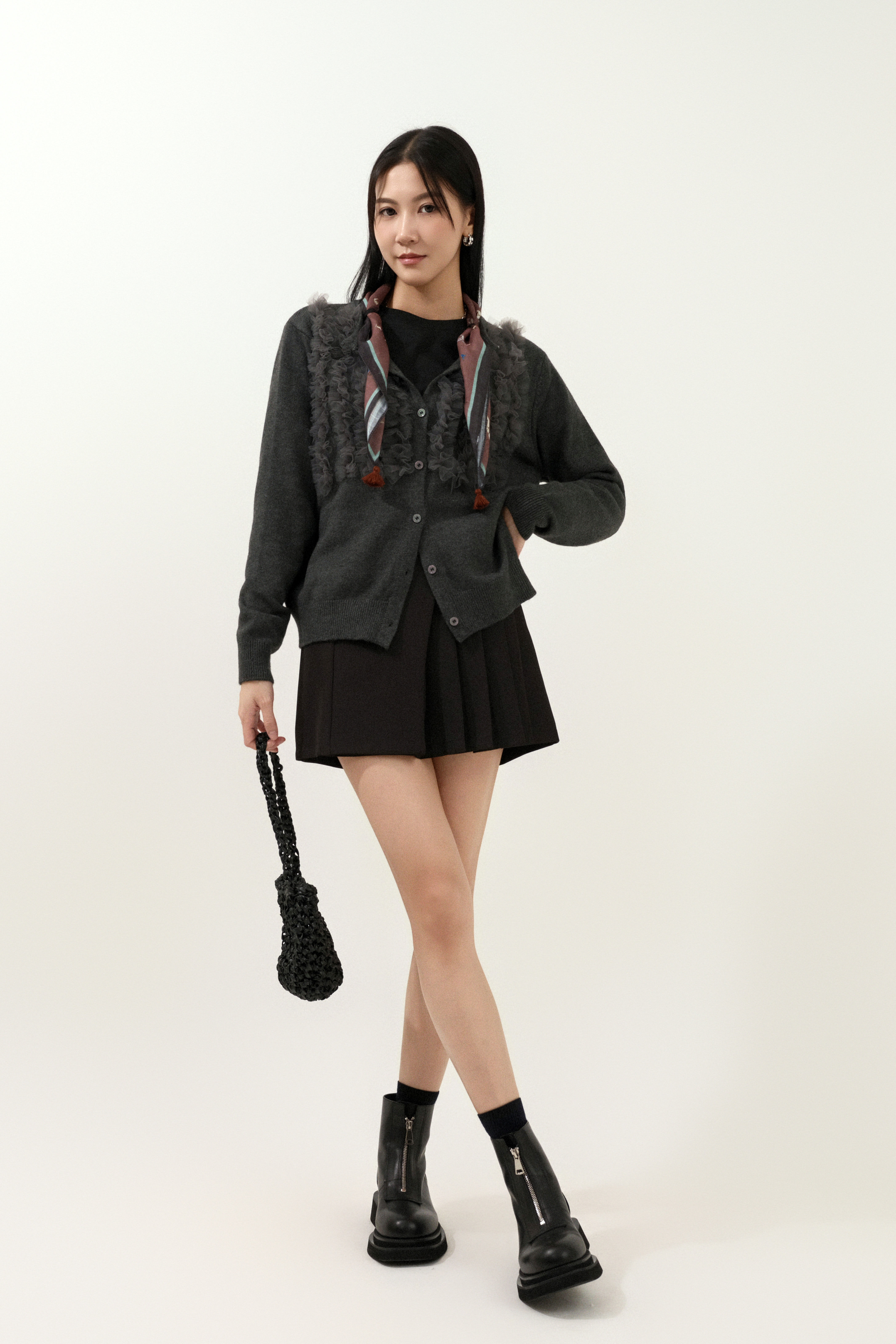 荷葉網紗圓領cardigan (現貨款式）