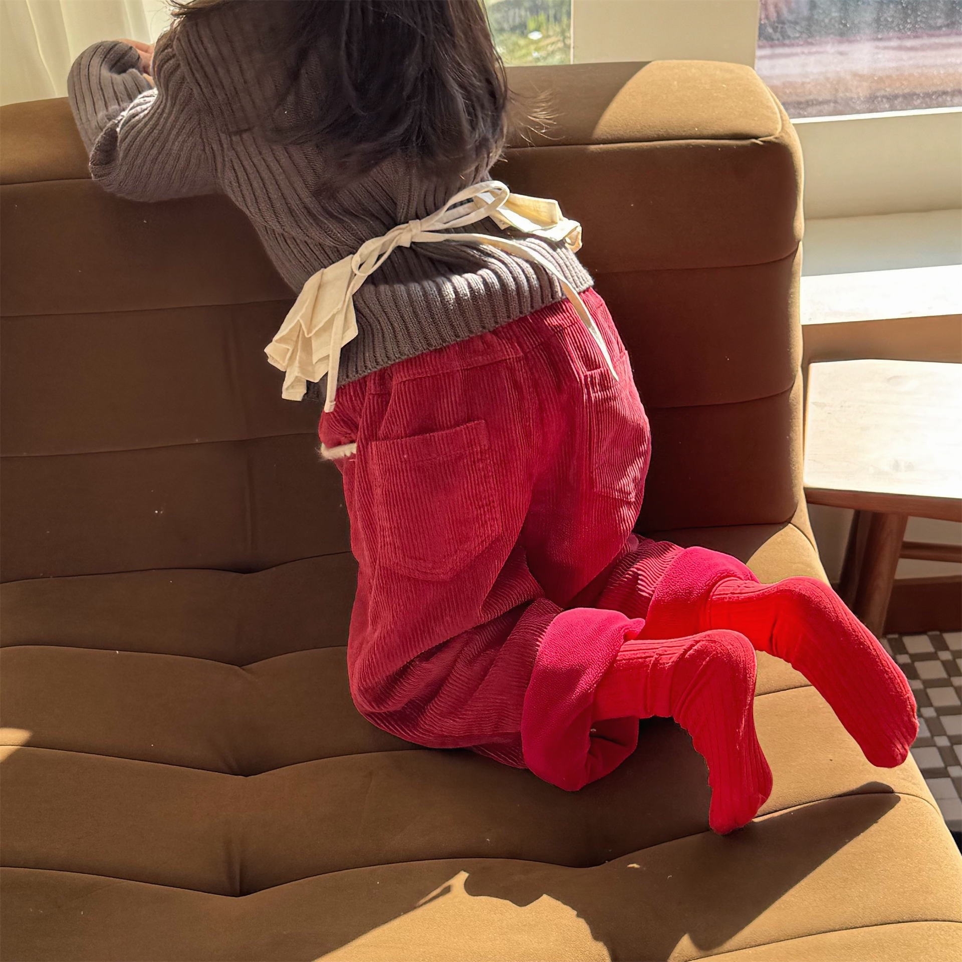 兩色燈芯絨加絨奶油褲