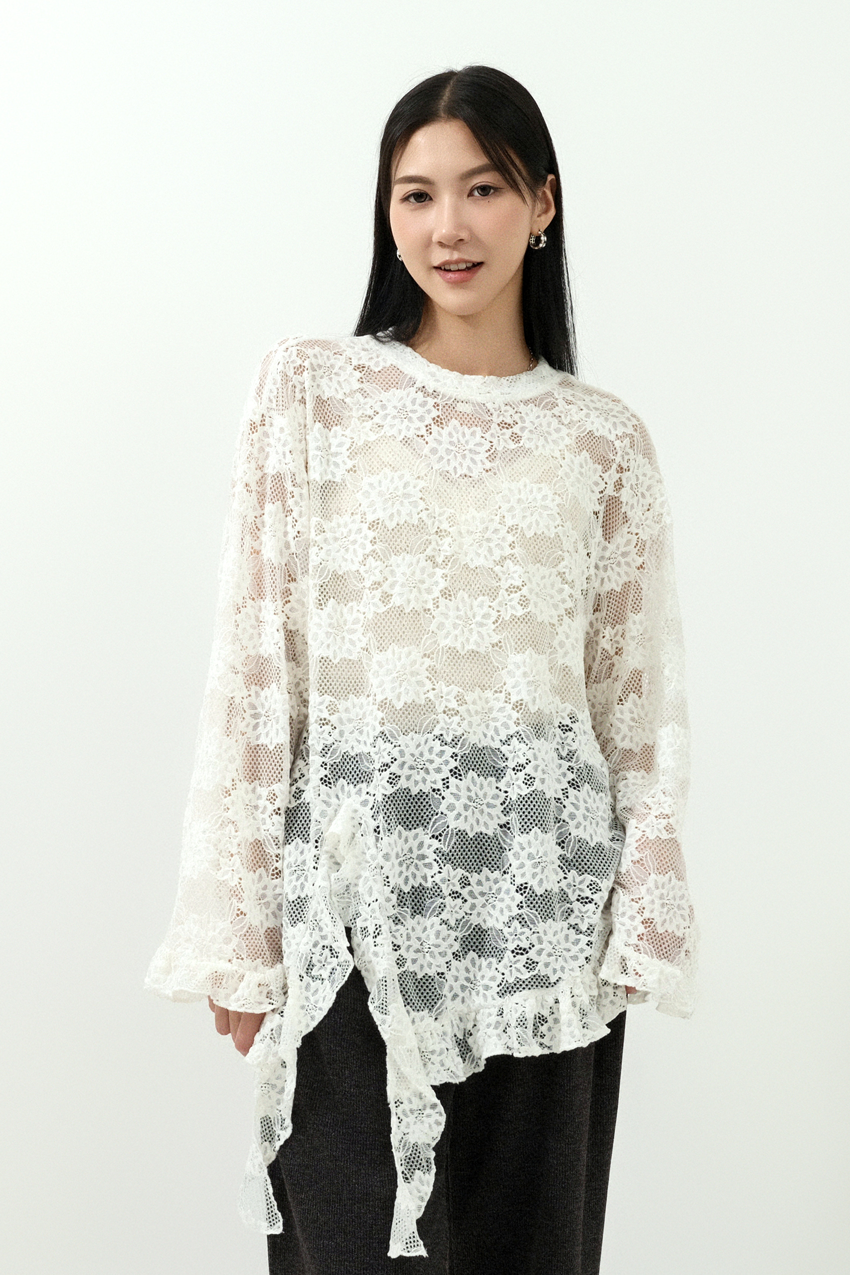不規則荷葉腳花網上衣 (現貨款式）