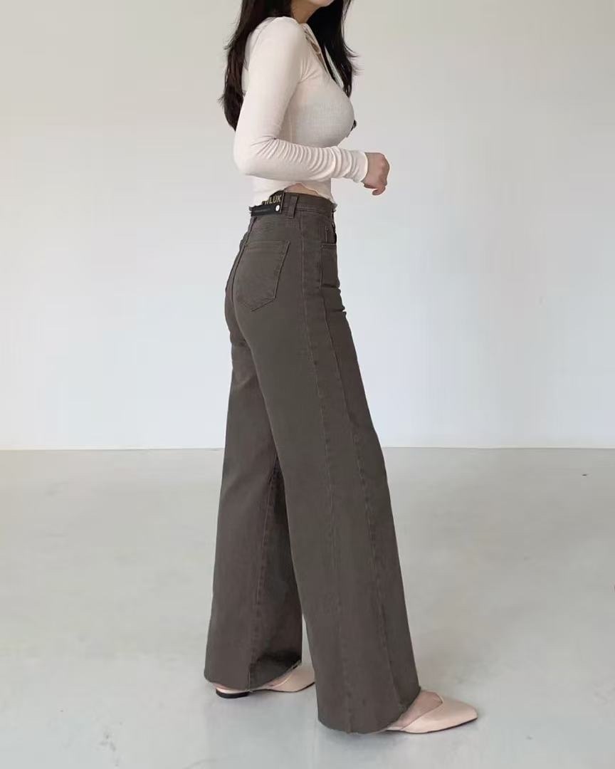 254 正韓秋感側車線毛邊直筒寬褲