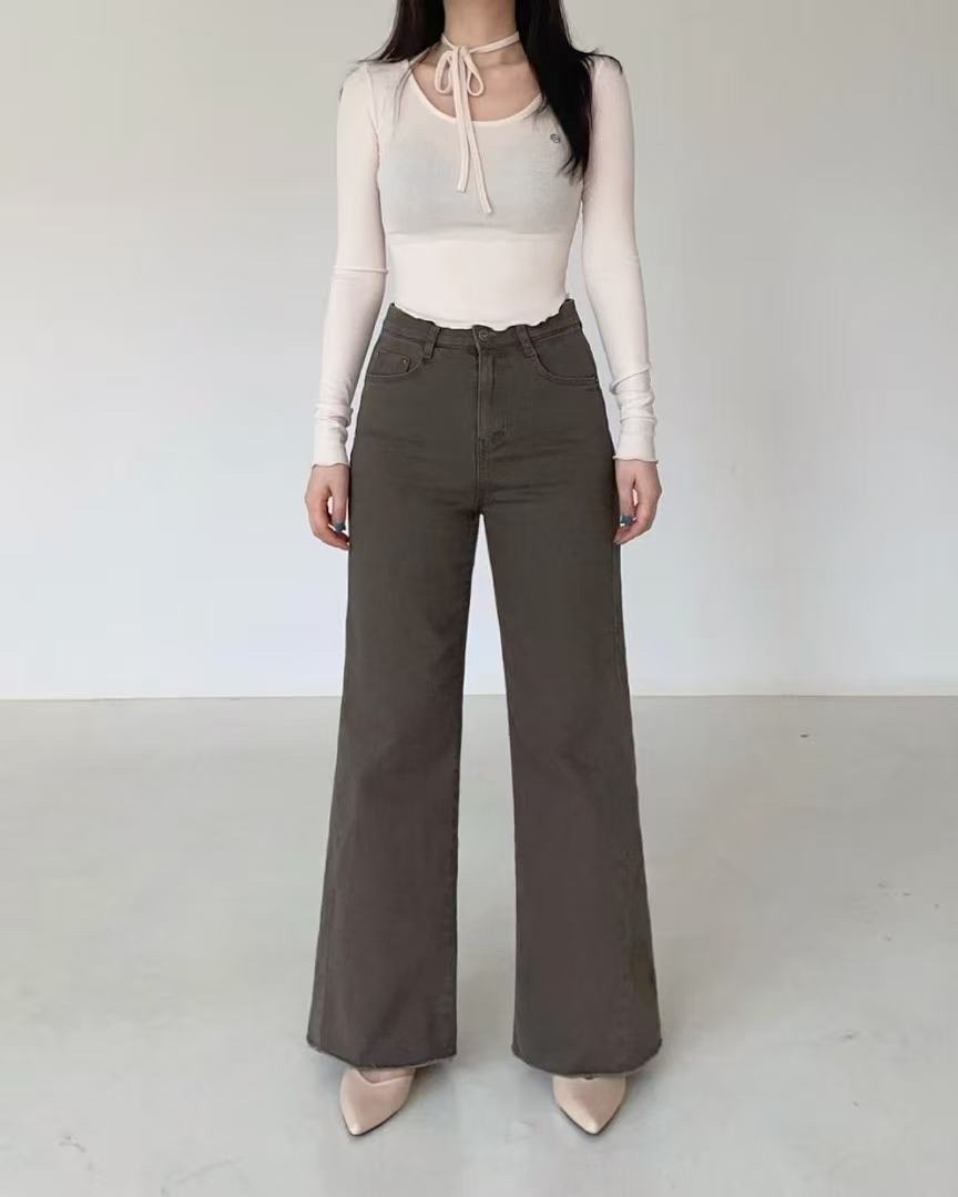 254 正韓秋感側車線毛邊直筒寬褲